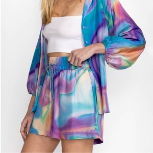 Johnny Was • Merida Rainbow Marble Drawstring Silk Shorts S NWT